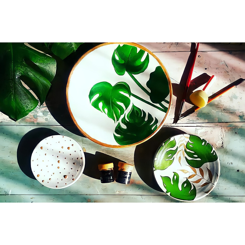 بشقاب دیوارکوب سفالی طرح برگ انجیری کد 104 مجموعه 3 عددی