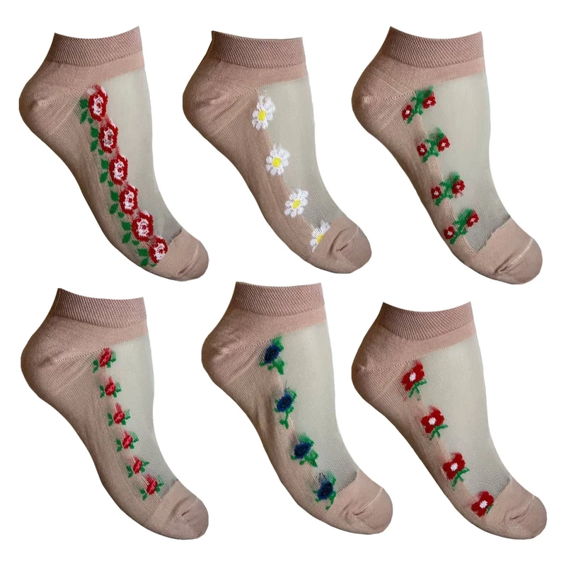 جوراب ساق کوتاه زنانه مدل شیشه ای گلدار C بسته 6 عددی