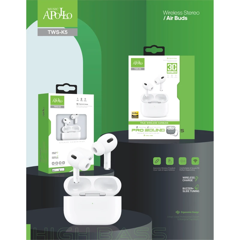 عکس شماره 13 : هدفون بلوتوثی موزیک آپولو مدل 5 true wireless earbuds به همراه کاور