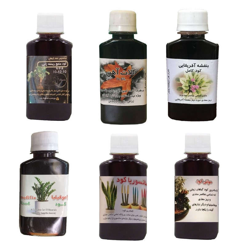 کود مایع فسفر ریشه زایی 10-52-10 و کلات آهن و بنفشه آفریقایی و کود زاموفیلیا و کود سانسوریا و مولتی کود مدل life drop حجم 120 میلی لیتر