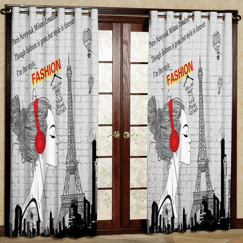 پرده مدل دختر و برج ایفل هازان پانچی کد 2676 سایز 140x200 سانتی متر