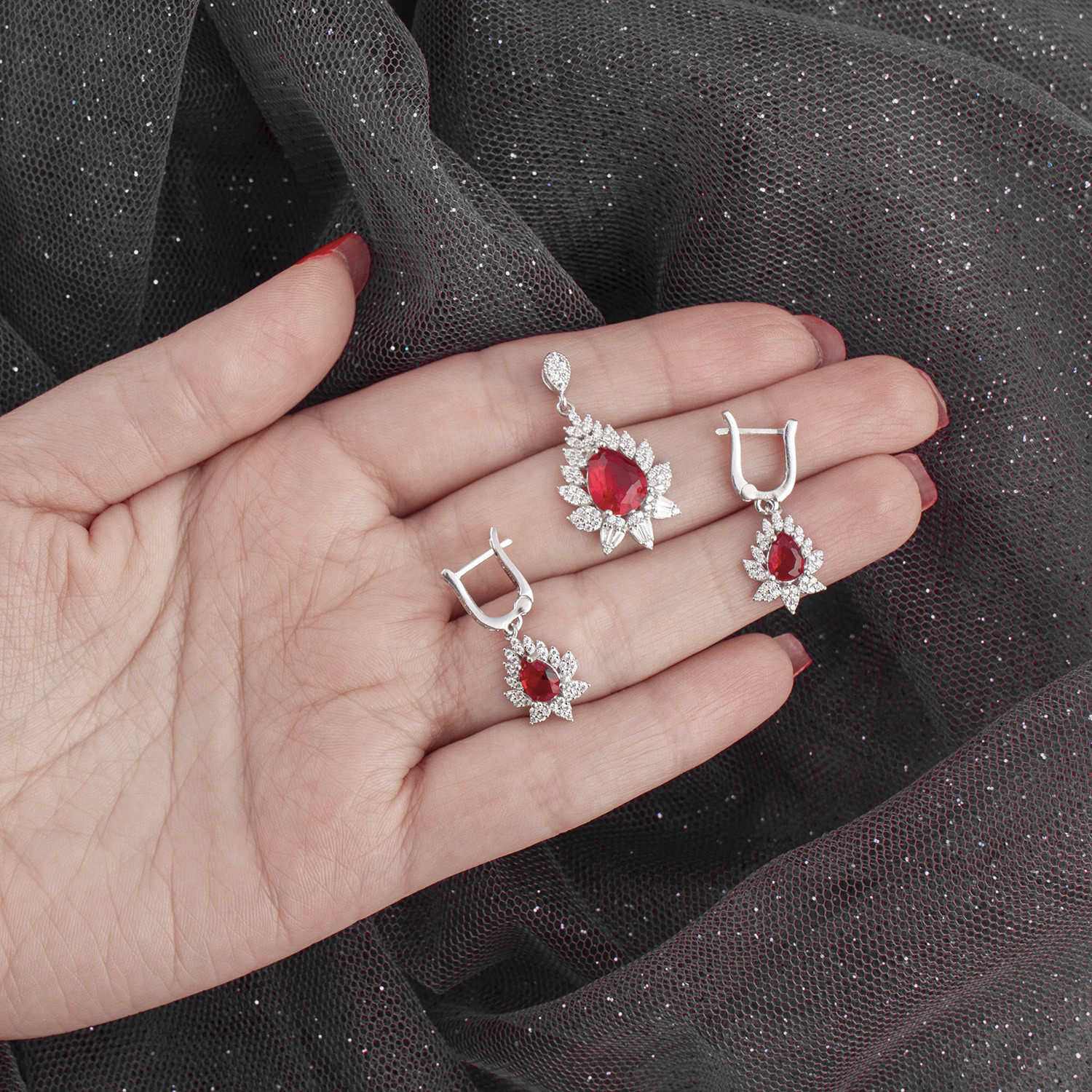 نیم ست نقره زنانه مدل یاقوت AMT-N214