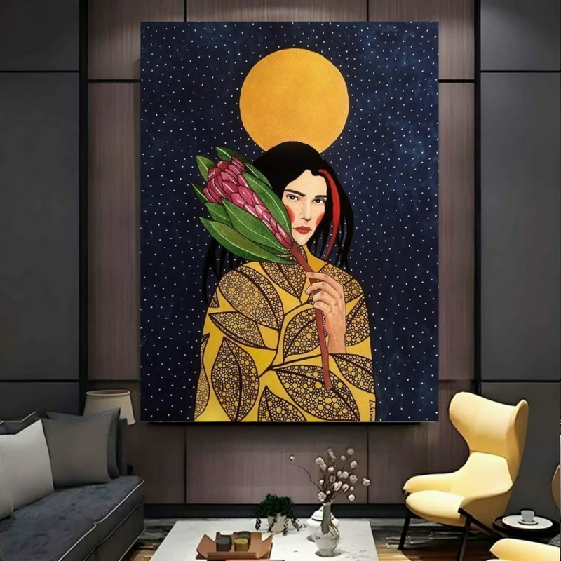 تابلو بوم طرح مخمل نقاشی زن مدل ماه کامل کد PY587