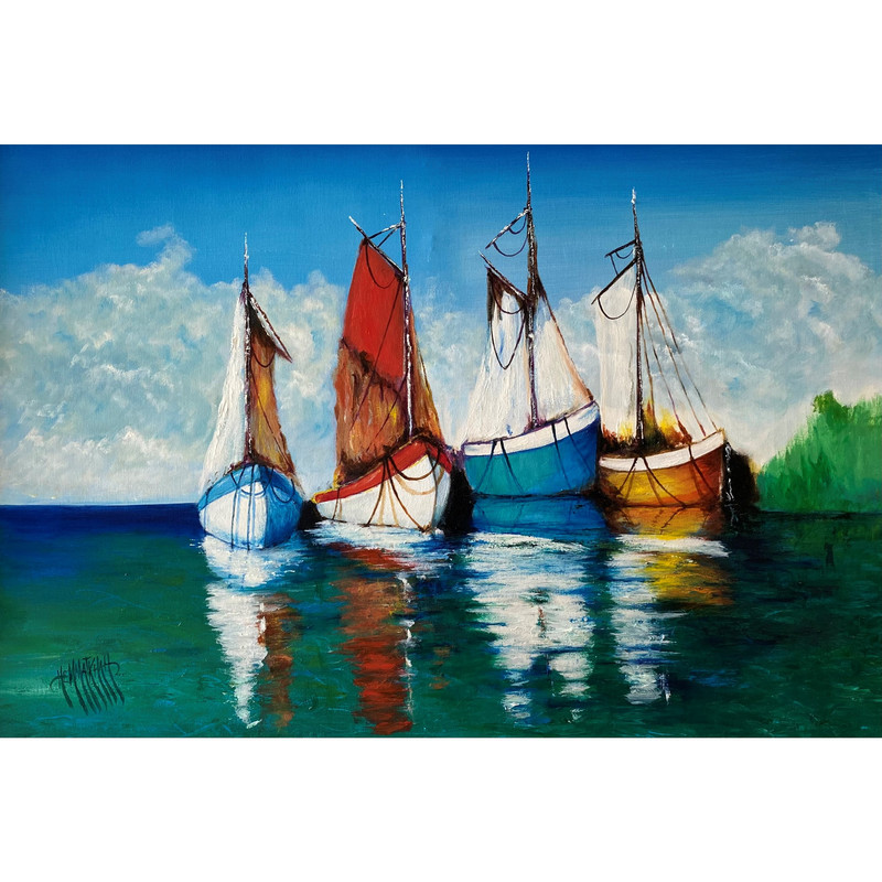 تابلو نقاشی رنگ و روغن طرح چهار قایق کد 106