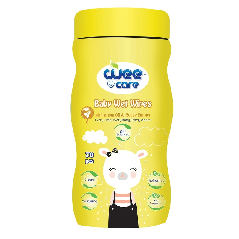 دستمال مرطوب کودک وی کر مدل عصاره عسل و روغن آرگان سیلندری بسته 70 عددی
