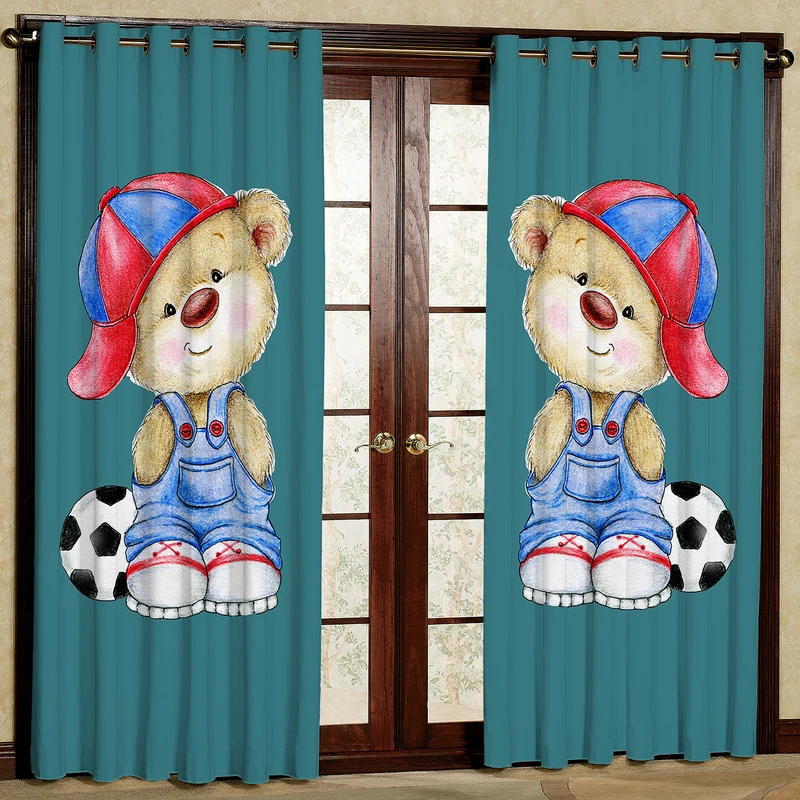 پرده مدل خرس و توپ سبز مخمل پانچی کد 1027 سایز 140x280 سانتی متر