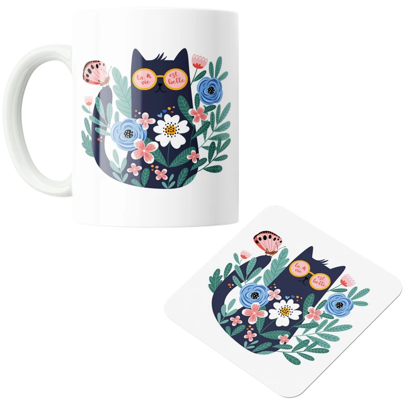 ماگ پاد آفرین مدل گربه با عینک آفتابی در میان گل ها کد DKC445 به همراه زیر لیوانی