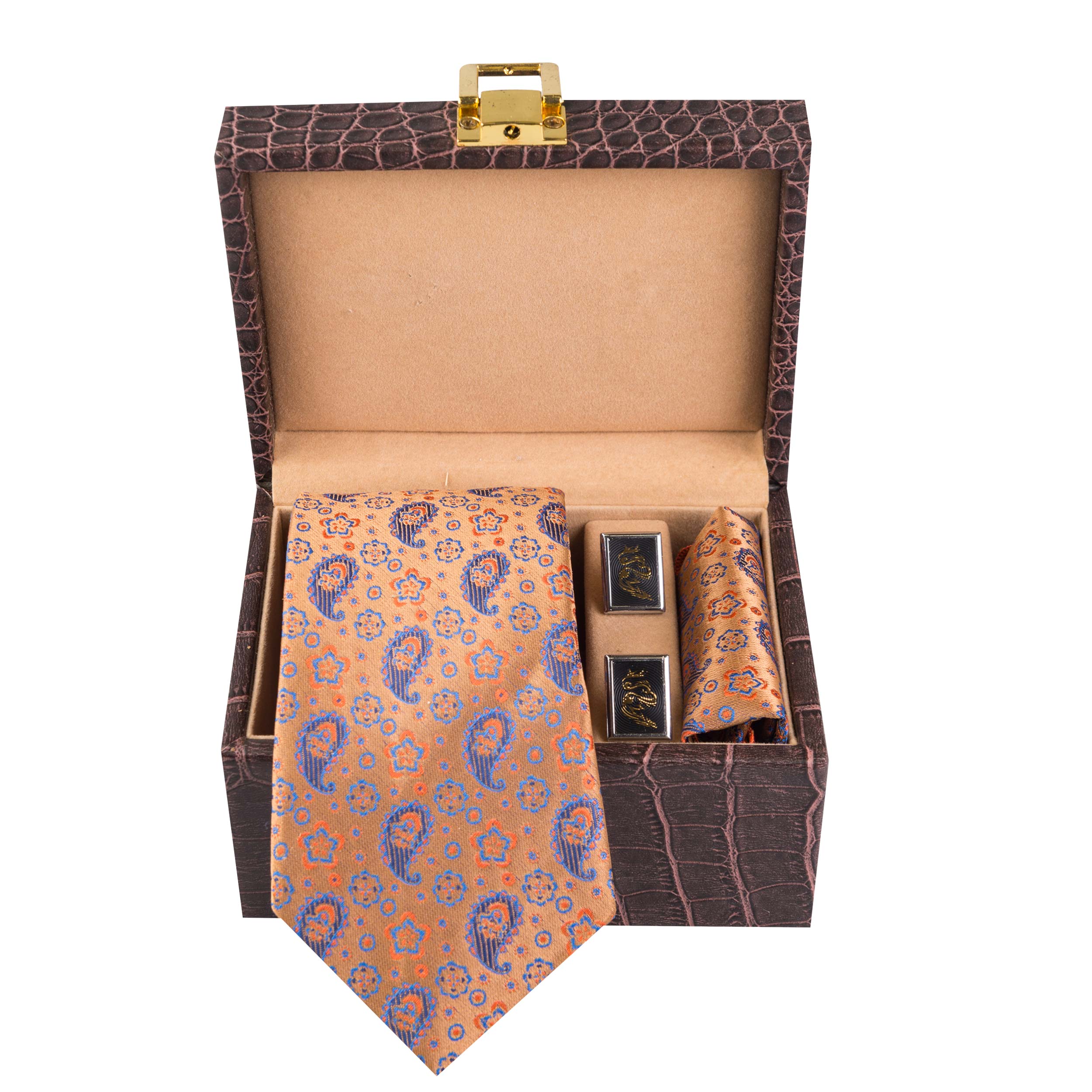 ست کراوات و دستمال جیب و دکمه سردست مردانه مدل GF-PA1254-OR-BOX
