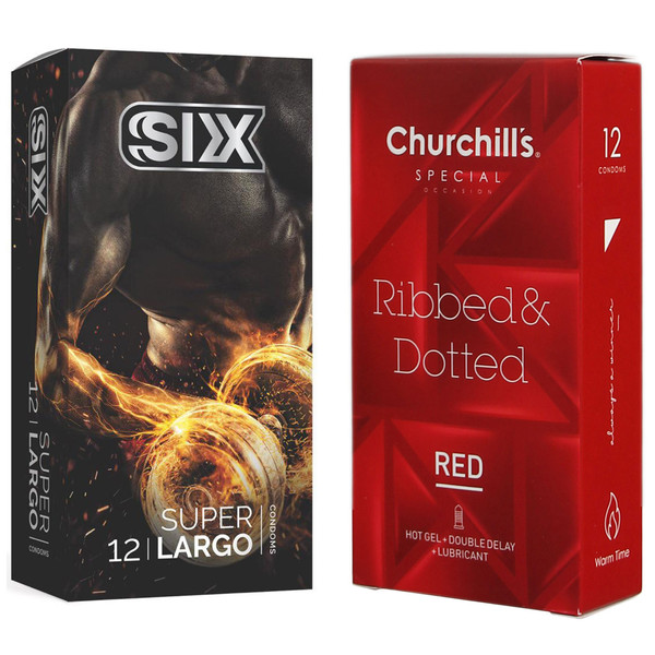 کاندوم چرچیلز مدل Hot Gel بسته 12 عددی به همراه کاندوم سیکس مدل سفت کننده و بزرگ کننده بسته 12 عددی