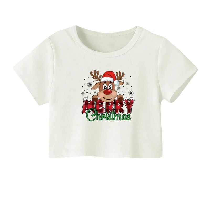 کراپ‌ تی‌شرت آستین کوتاه زنانه مدل گوزن کریسمس کد 24