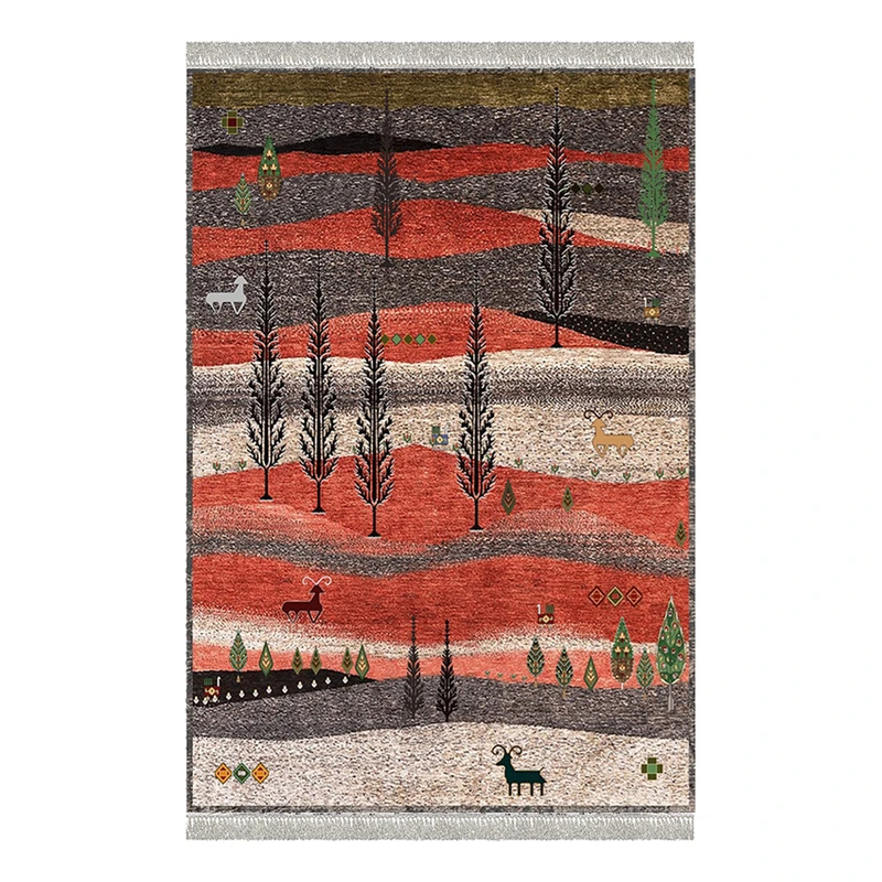 فرش ماشینی 1000 شانه هانوکس زمینه کرم - قهوه‌ای حاشیه چند رنگ مدل بیابان 2 کد L212