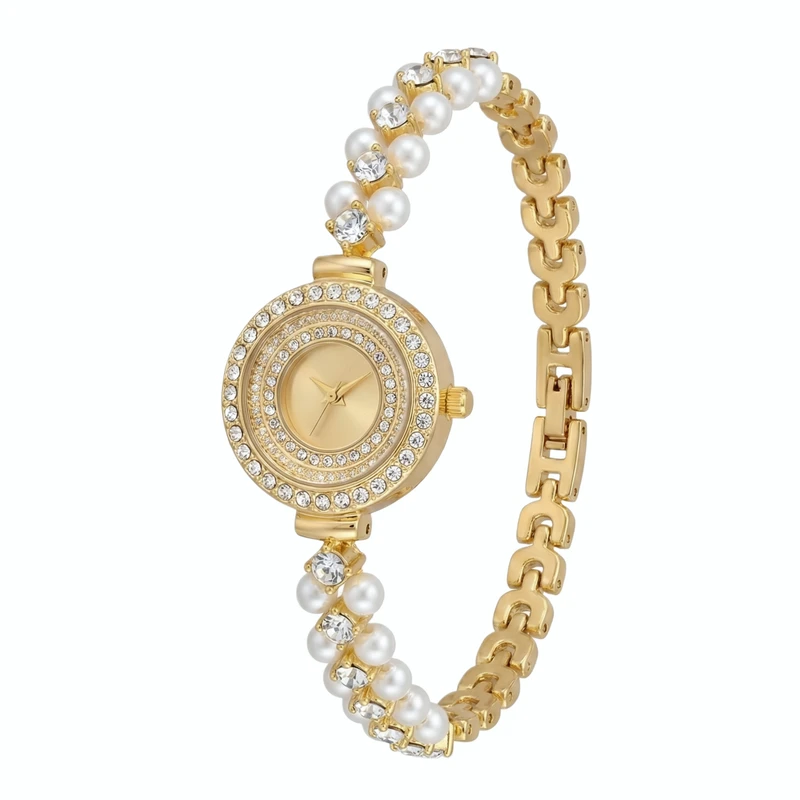 ساعت مچی عقربه‌ای کوارتز زنانه مدل لوکس بند دستبندی مرواریدی نگین دار کد A5