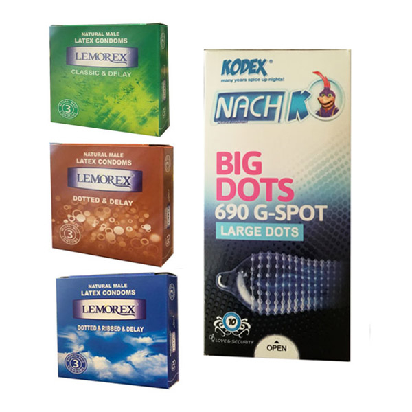 کاندوم لمورکس کد 088 مجموعه 3 عددی به همراه کاندوم ناچ کدکس مدل BIG DOTS بسته 10 عددی