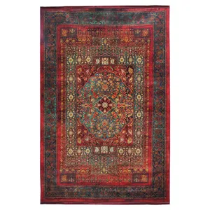 فرش ماشینی 700 شانه محتشم زمینه قرمز حاشیه سبزآبی مدل 1072