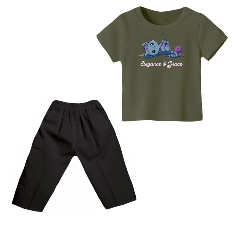 ست تی شرت و شلوارک دخترانه مدل گربه کد ۲۳