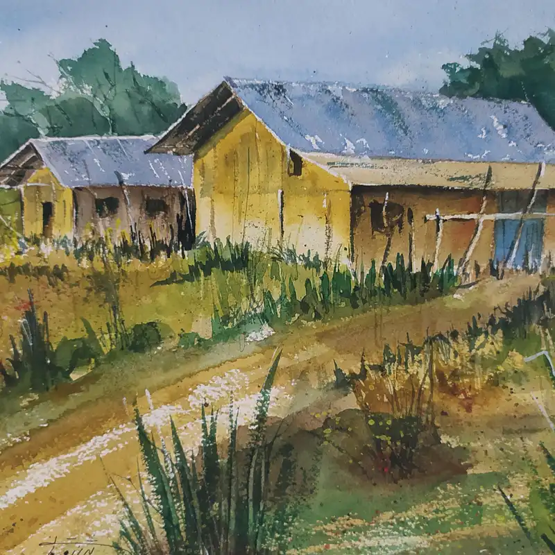 نقاشی آبرنگ طرح روستا کد 82