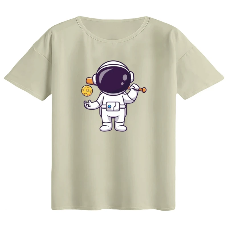 تی‌شرت  اورسایز آستین کوتاه زنانه مدل باکسی طرح فضانورد کد ۳ رنگ کرم 