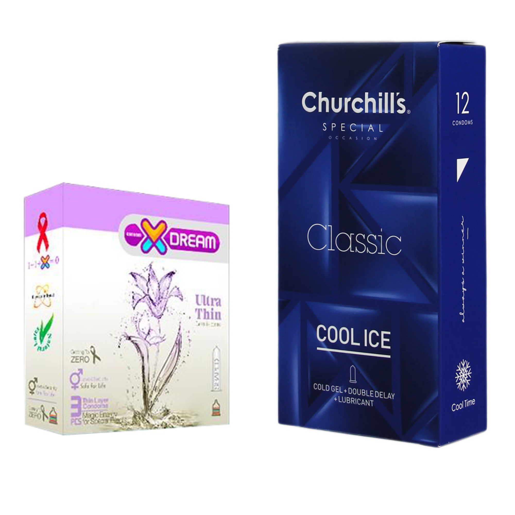 کاندوم چرچیلز مدل Cool Ice بسته 12 عددی به همراه کاندوم ایکس دریم مدل Ultra Thin بسته 3 عددی
