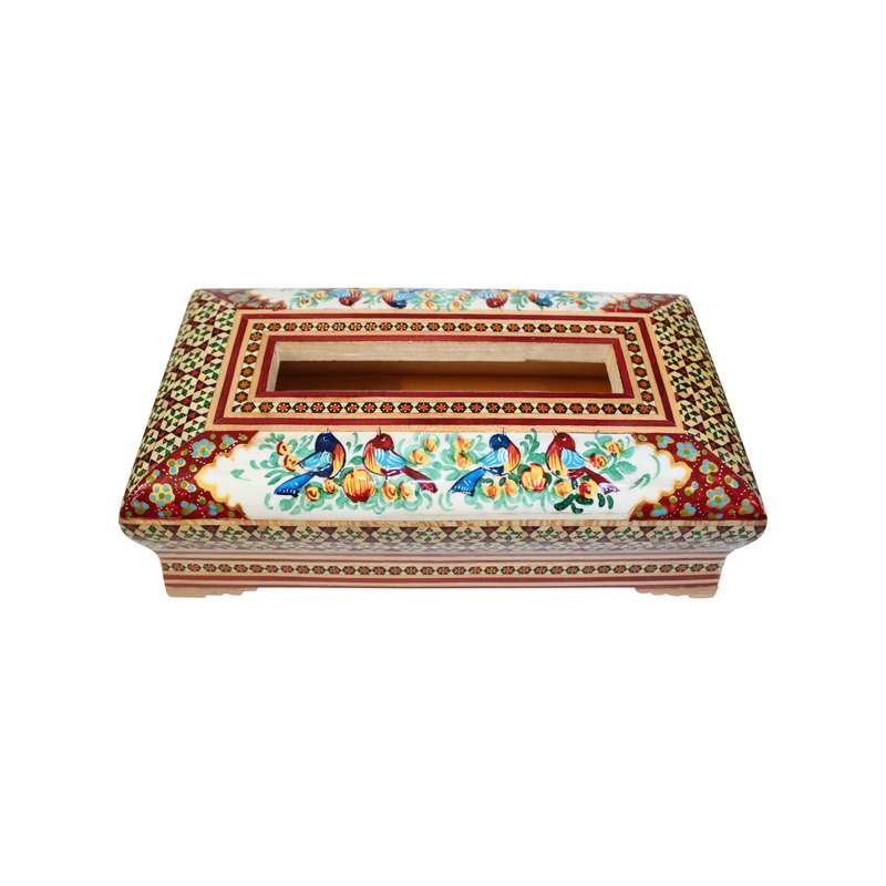 جعبه دستمال کاغذی خاتم کاری مدل گل و مرغ 02 