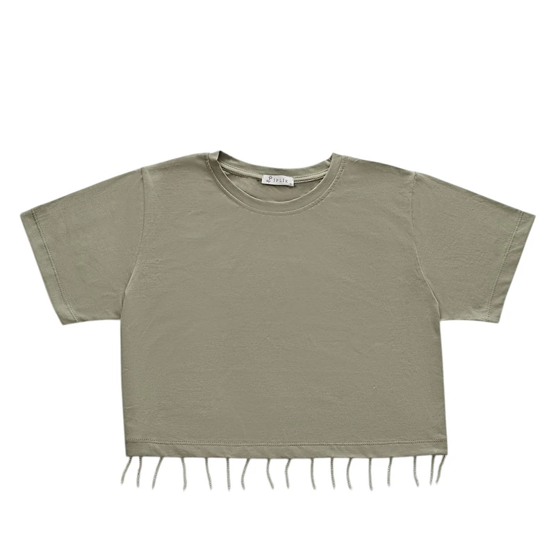 کراپ‌ تی‌شرت آستین کوتاه زنانه ایپلیک زی مدل پسنگ دوزی کد IP12.4