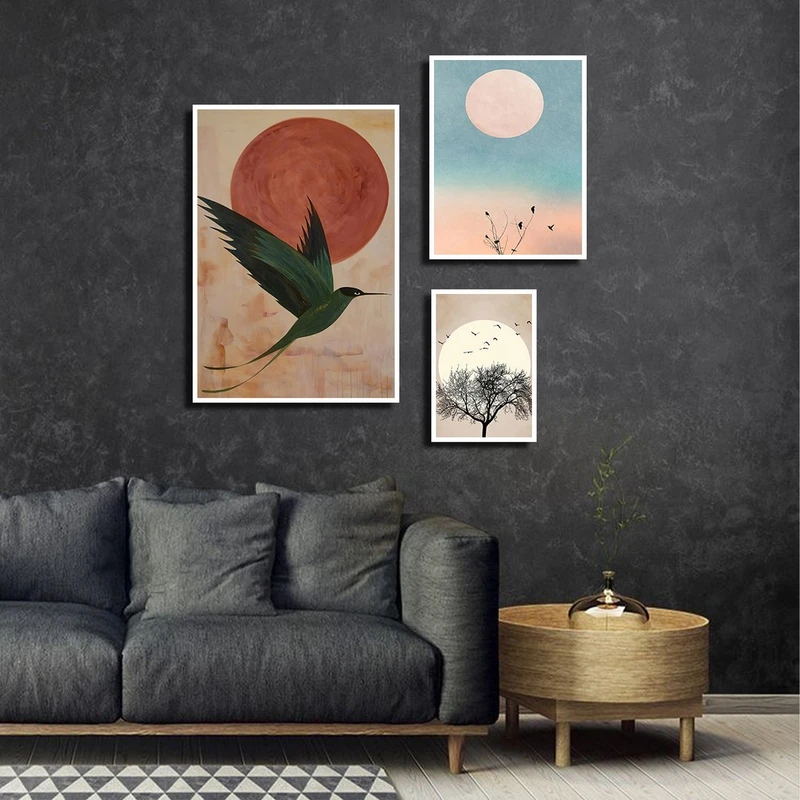 تابلو بکلیت طرح نقاشی پرنده و درخت مدل W-3884 فریم سفید مجموعه 3 عددی