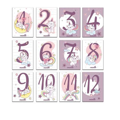 کارت پستال مدل ماهگرد نوزاد مدل یونیکورن مجموعه 12 عددی