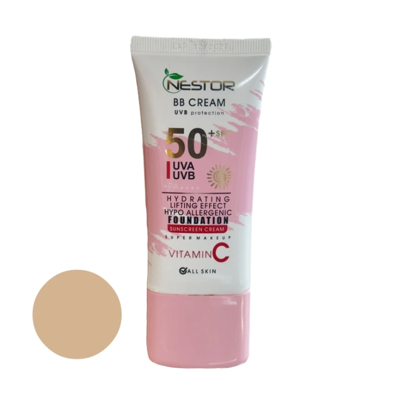 کرم ضد آفتاب رنگی نستور SPF 50 شماره 1 مدل ویتامین c مناسب پوستهای خشک حجم 50 میلیلیتر