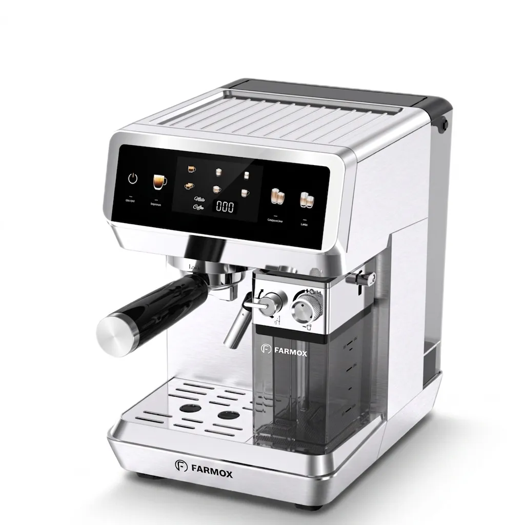 اسپرسوساز خانگی فارموکس مدل FX270 با مخزن آب 1500 میلی‌لیتر، فشار بخار 20 بار، صفحه‌نمایش لمسی و قابلیت تهیه اسپرسو، لاته و کاپوچینو تک و دبل