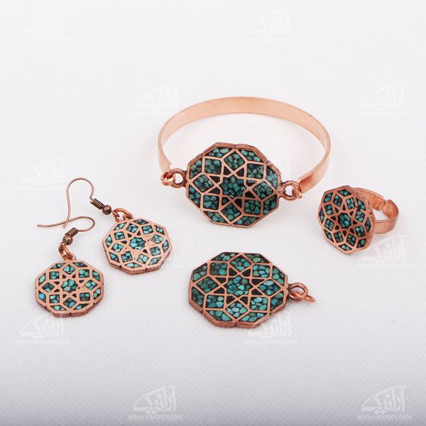 ست زیورآلات فیروزه کوب مسی آرانیک طرح کاشی مدل 1520900001 ست زیورآلات فیروزه کوب مسی آرانیک طرح کاشی مدل 1520900001