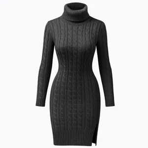 پیراهن بافتنی یقه اسکی زنانه مدل طنابی