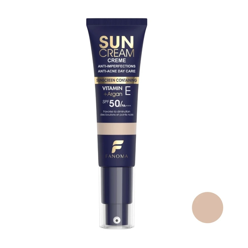 کرم ضد آفتاب رنگی صورت فانوما SPF 50 مدل ضدآفتاب بدون چربی و ضدجوش فانوما رنگ ۰۲ ‌مناسب برای انواع پوست حجم 35 میلی‌لیتر