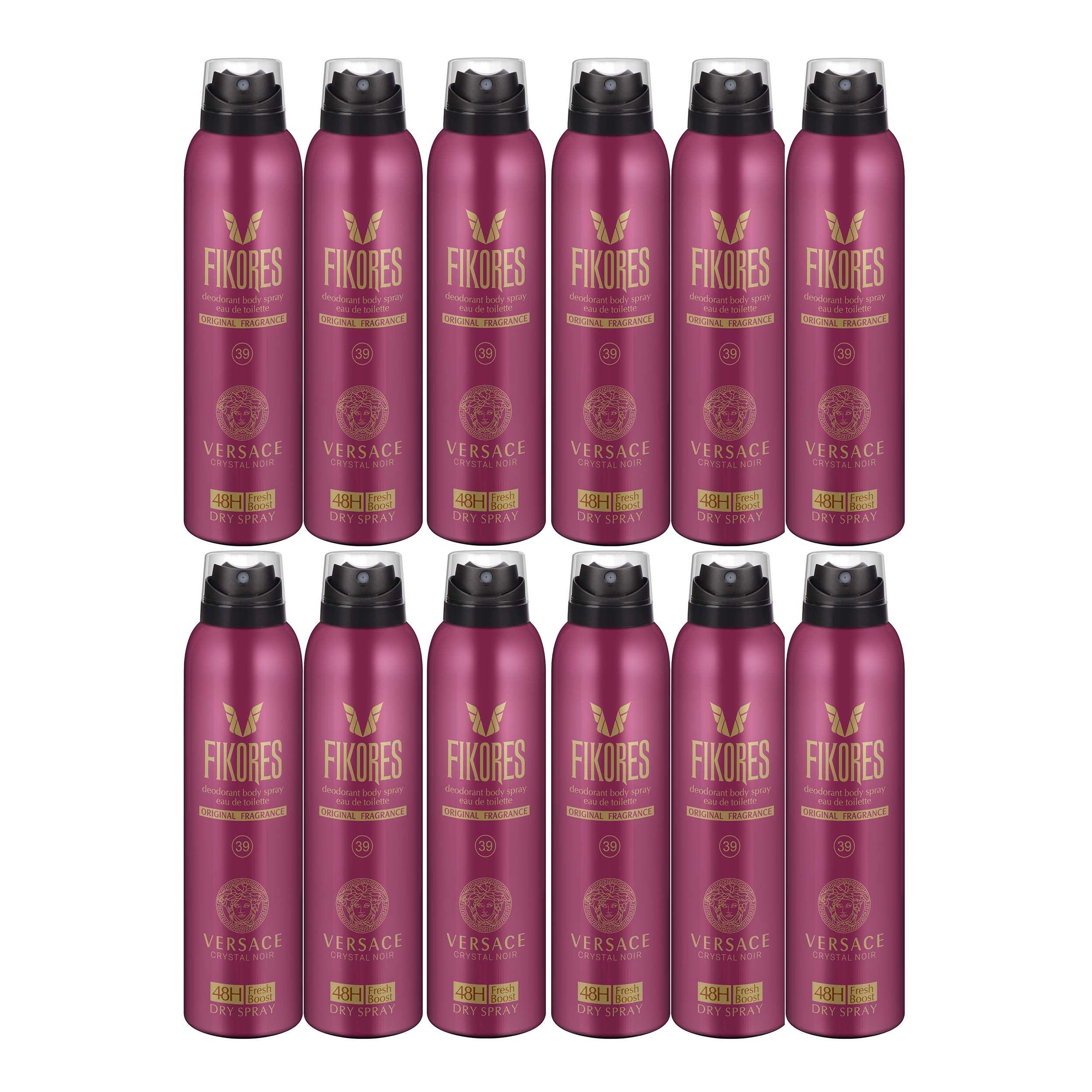 اسپری خوشبو کننده بدن زنانه فیکورس مدل versace crystal Noir حجم 200 میلی لیتر مجموعه 12 عددی