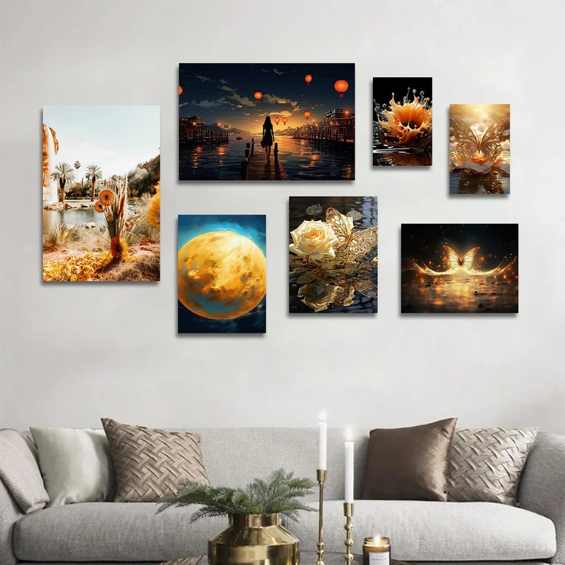 تابلو شاسی بکلیت طرح نقاشی طلایی طبیعت و پروانه  مدل SH-1273 مجموعه 7 عددی