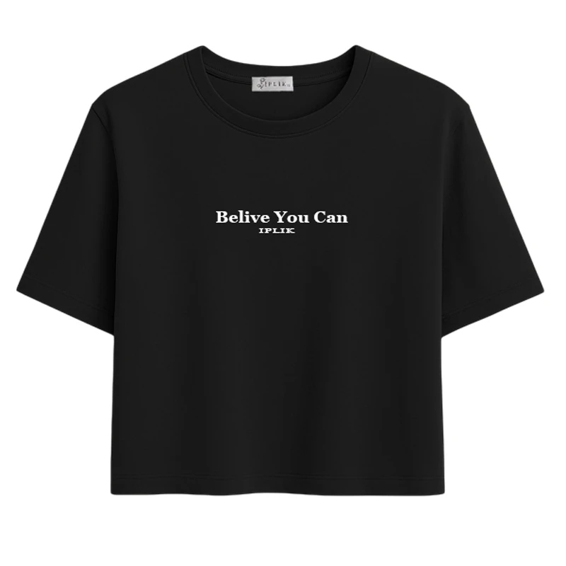 کراپ تی‌شرت آستین کوتاه زنانه ایپلیک زی مدل نوشته دار کد IP14.1