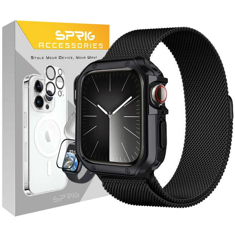 بند اسپریگ مدل Milanese Lux Guard مناسب برای اپل واچ Series SE 2022 Aluminum Case 44mm / SE 2021 Aluminum Case 44mm / Series 5 44mm / Series 6 44mm / SE 44mm به همراه کاور