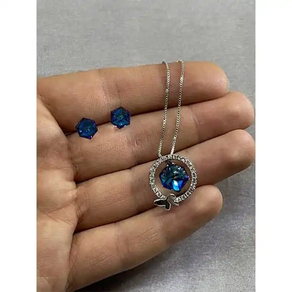 نیم ست نقره زنانه سواروسکی مدل مکعب و پروانه کد 120018