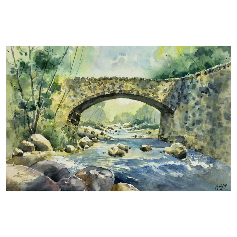 نقاشی آبرنگ به سبک امپرسیونیسم طرح پل رودخانه دارآباد کد 241