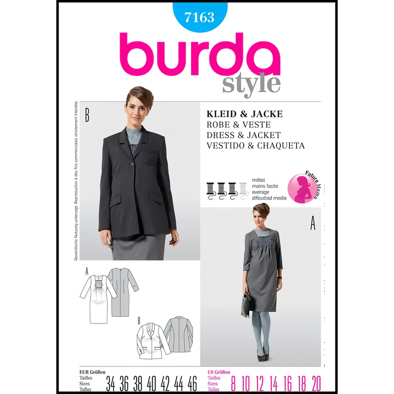 الگو خیاطی کت و پیراهن بارداری بوردا استایل کد 7163 سایز 34 تا 46 متد مولر