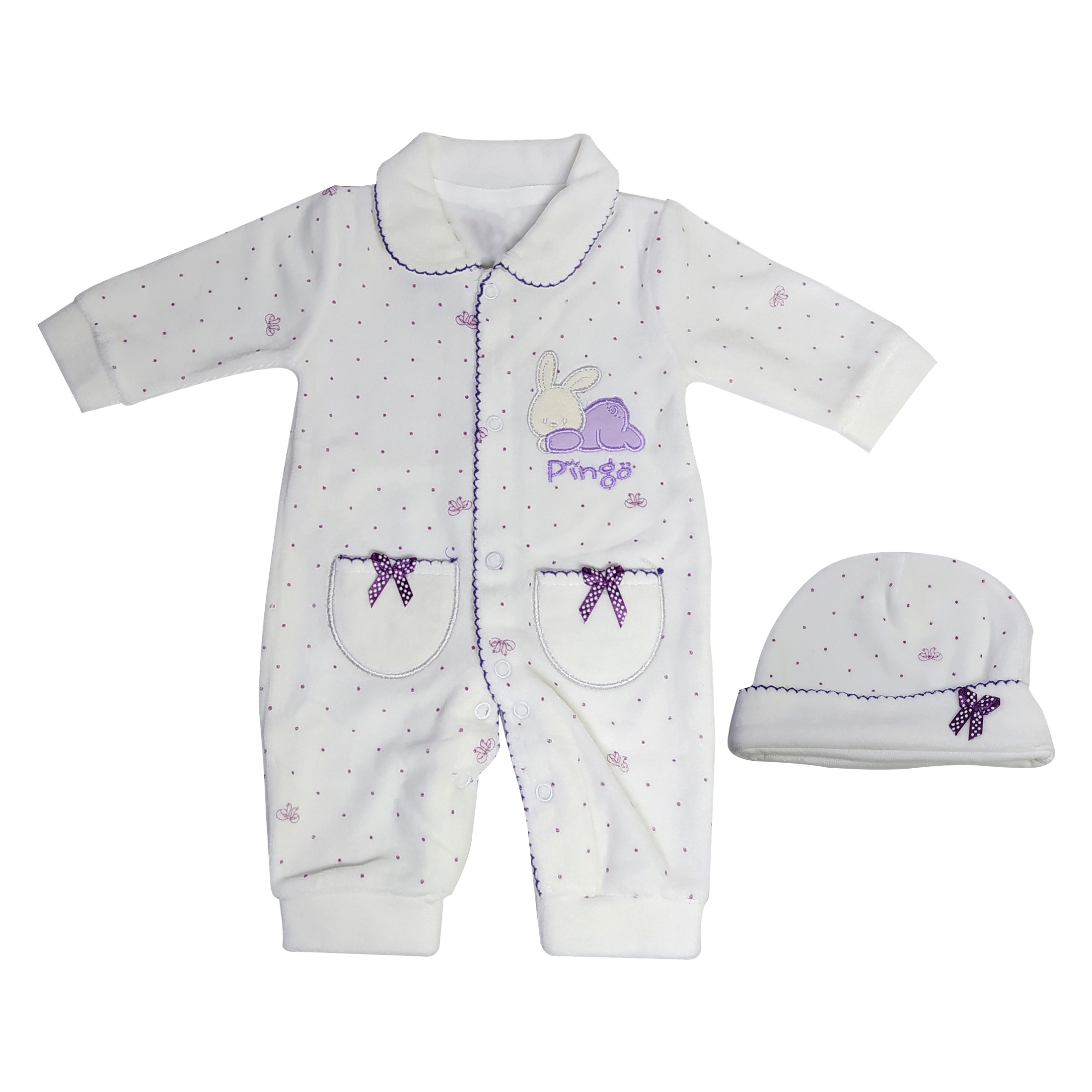 ست سرهمی و کلاه نوزادی مدل پینگو کد 02 رنگ یاسی