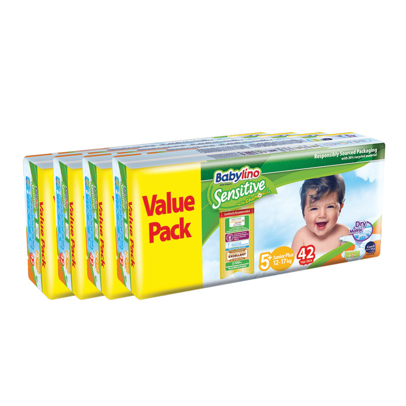 پوشک بیبی لینو مدل سنسیتیو کد 5 پلاس مجموعه چهار عددی بسته 42 عددی