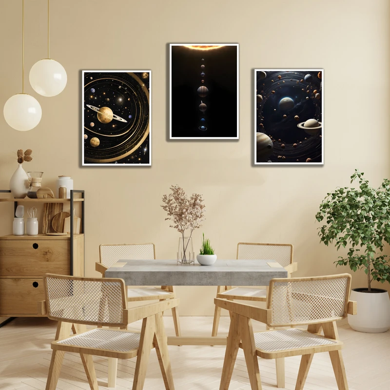 تابلو بکلیت مدل قاب شاسی طرح دکوراتیو ماه و کهکشان و منظومه شمسی و راه شیری کد W-MR-1086 مجموعه 3 عددی فریم  سفید