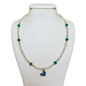 گردنبند دست ساز زنانه مدل مروارید و کریستال و آویز قلب