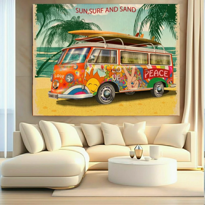 تابلو بوم طرح مخمل ون فولکس واگن مدل صلح و ساحل کد BK24773