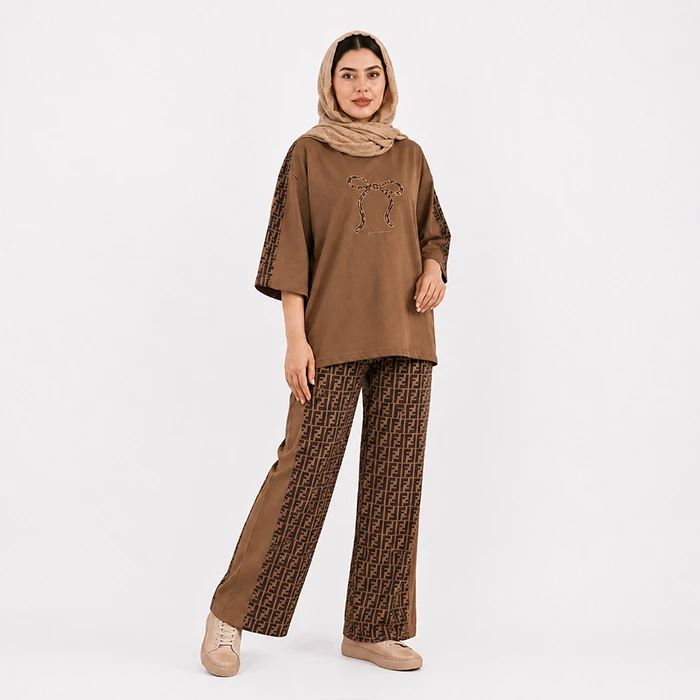 ست لباس راحتی زنانه تی شرت و شلوار نخ مدل پاپیون