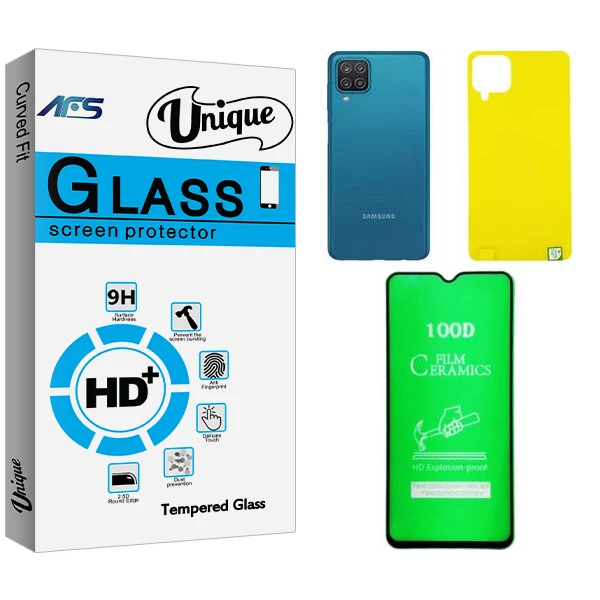 محافظ صفحه نمایش سرامیکی ای اف اس مدل Unique  مناسب برای گوشی موبایل سامسونگ Galaxy A12  به همراه محافظ پشت گوشی