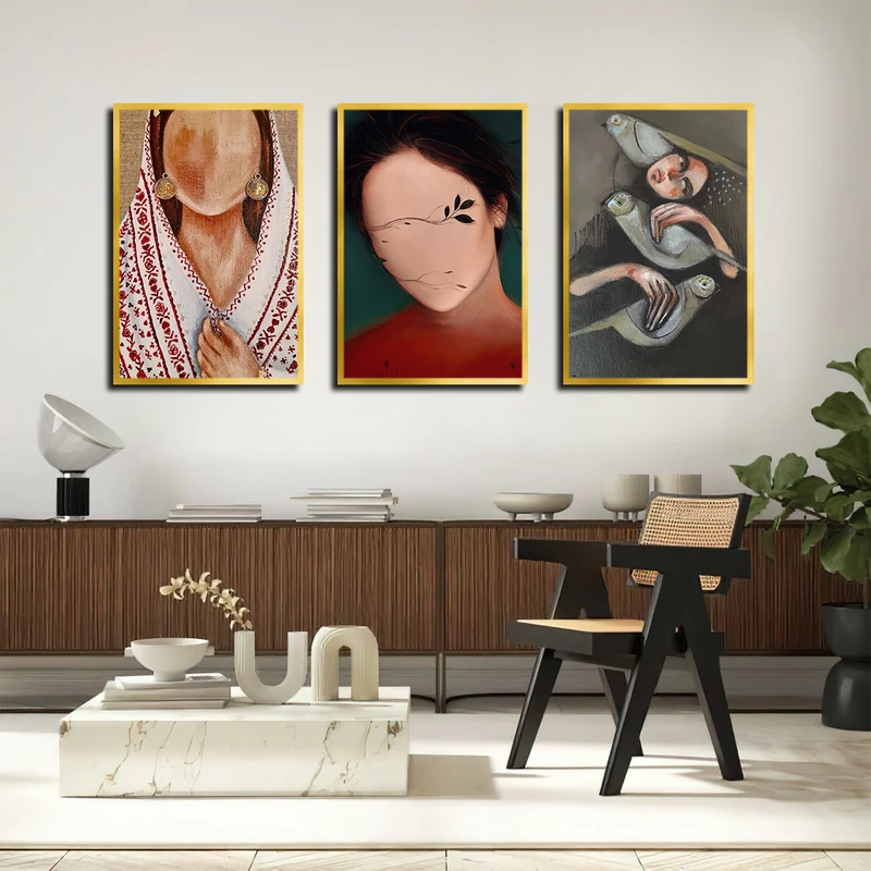 تابلو بکلیت طرح دکوراتیو نقاشی چهره و پرنده مدل T-3435 فریم طلایی مجموعه 3 عددی