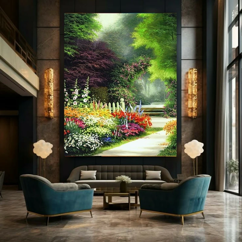 تابلو بوم طرح مخمل طبیعت مدل باغچه پر گل کد GR1684