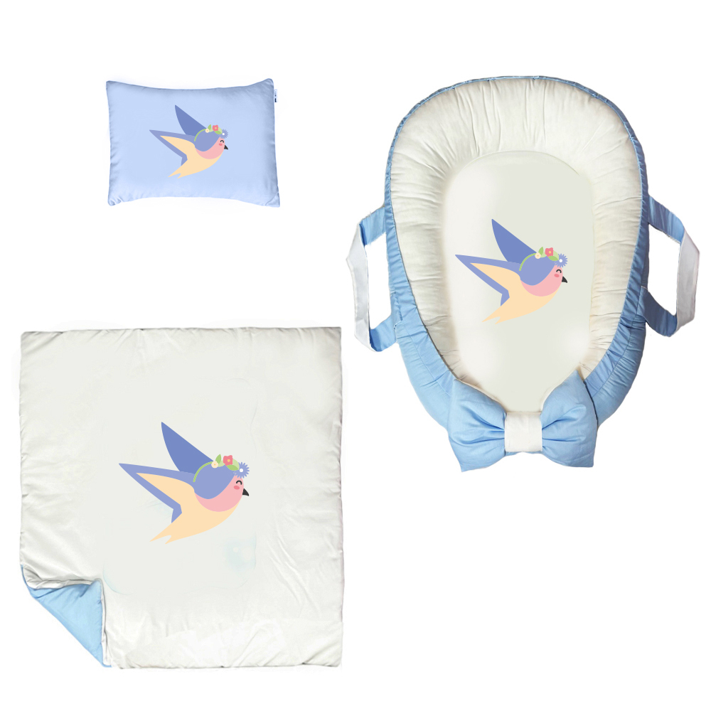 سرویس خواب سه تکه نوزاد مدل گارد محافظ دار طرح فانتزی گنجشک کد 019