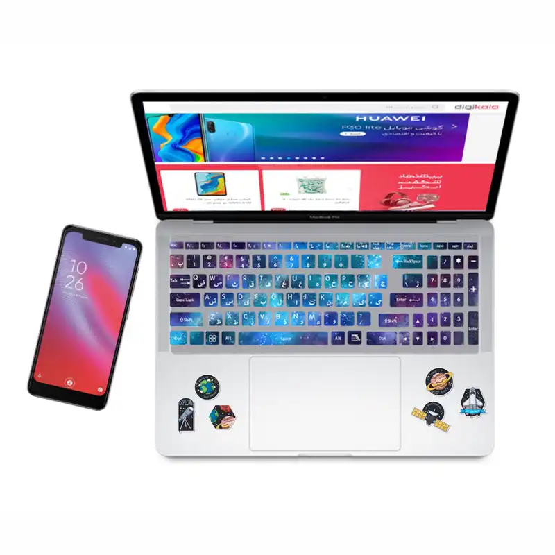 استیکر لپ تاپ کد space02-2 مجموعه 6 عددی به همراه برچسب حروف فارسی کیبورد