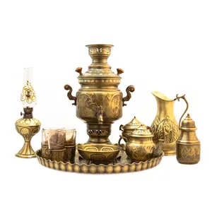 سرویس سماور ذغالی 14 پارچه برنجی مدل قلم کاری کد 3254